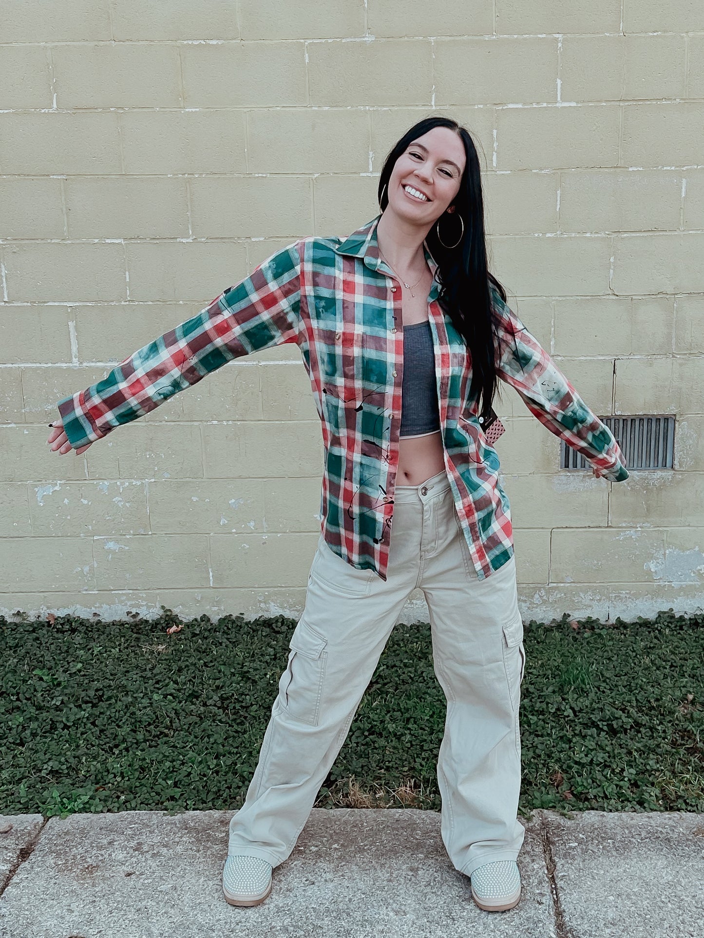 Green and Black Splatter Painted Flannel